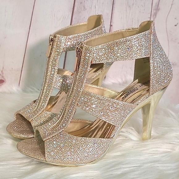 Rhinestone Bling Metallic Gold Heel Vegas Sparkly Stiletto Open Toe Heels Sz 7 - Picture 7 of 17